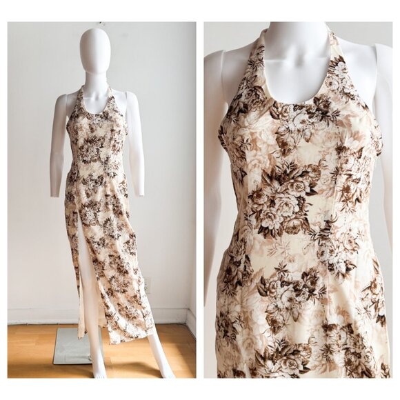 Lioness Brown Floral High Slit Maxi Dress S - Picture 1 of 8